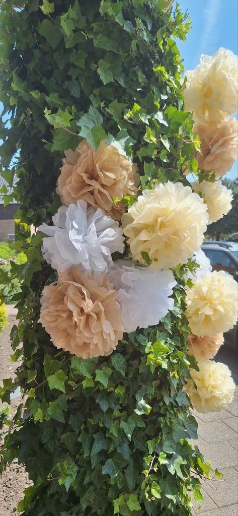 15 stuks pompoms / bloemen, Hobby en Vrije tijd, Feestartikelen, Zo goed als nieuw, Versiering, Geboorte of Huwelijk, Ophalen of Verzenden