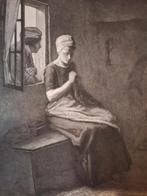 Gravure van breiend meisje bij raam alb Neuhuijs Laren, Ophalen of Verzenden