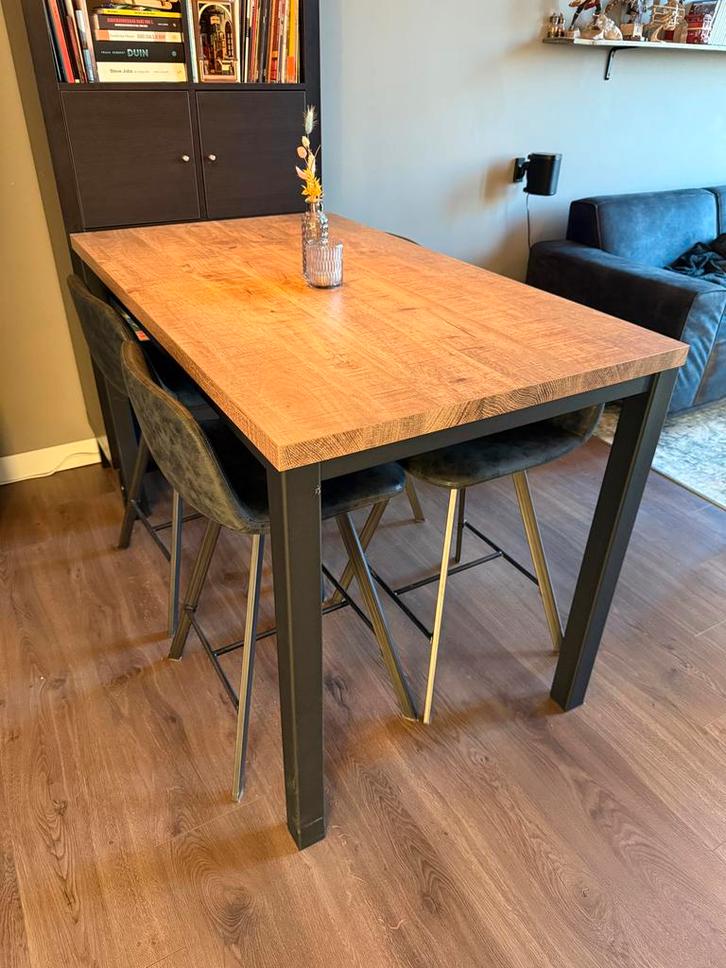 Eettafel met 4 barkrukken - Mango hout, Huis en Inrichting, Tafels | Eettafels, Zo goed als nieuw, 50 tot 100 cm, 100 tot 150 cm