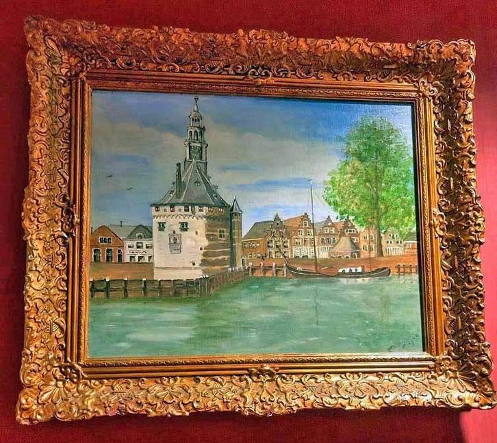 Oud schilderij ; het dorp, haven met barok lijst antiek, Antiek en Kunst, Kunst | Schilderijen | Klassiek, Ophalen of Verzenden