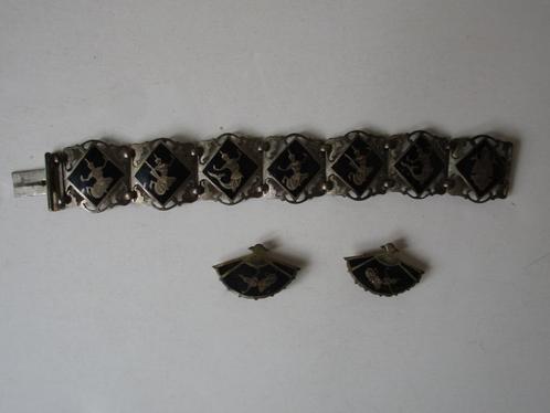 Antieke Niello-zilver armband en oorclips uit Thailand, Sieraden, Tassen en Uiterlijk, Antieke sieraden, Armband, Overige materialen