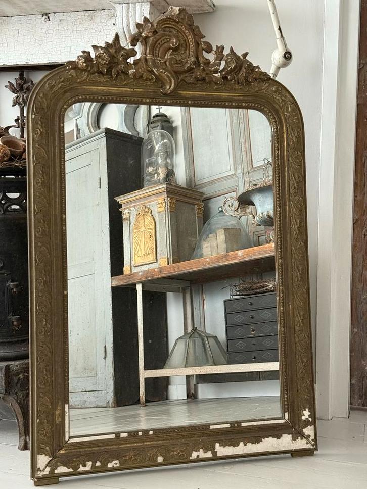 Antieke Franse Kuifspiegel, Antiek en Kunst, Antiek | Spiegels, 50 tot 100 cm, 100 tot 150 cm, Rechthoekig, Ophalen