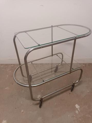 Vintage Art Deco Serveerwagen Chroom met Glazen Bladen beschikbaar voor biedingen