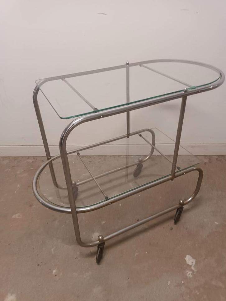 Vintage Art Deco Serveerwagen Chroom met Glazen Bladen, Antiek en Kunst, Antiek | Meubels | Tafels, Ophalen of Verzenden