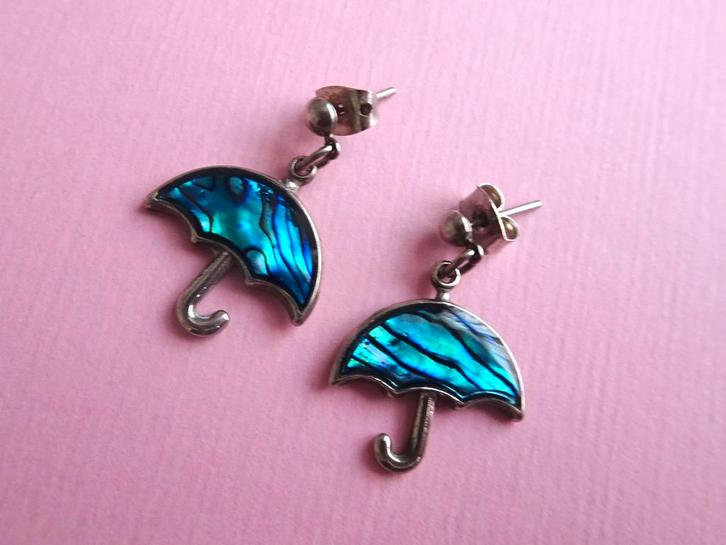 jwg Vintage 80s abalone parelmoer paraplu oorbellen blauw, Sieraden, Tassen en Uiterlijk, Antieke sieraden, Oorbellen, Overige materialen