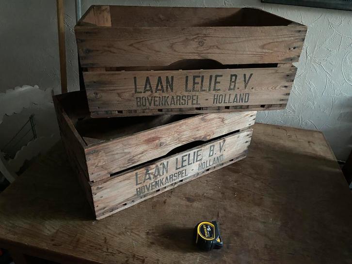 3 Houten bloembollen veiling kist Laan Lelie bv Bovenkarspel, Huis en Inrichting, Woonaccessoires | Kisten, Zo goed als nieuw