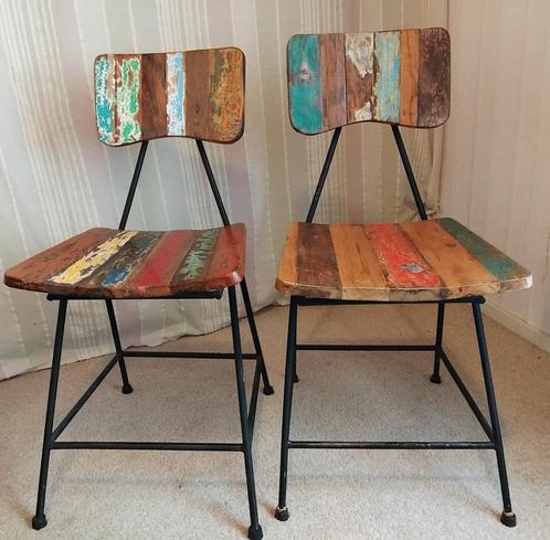 2 zware handgemaakte teak houten stoelen drijfhout met metaa, Huis en Inrichting, Stoelen, Zo goed als nieuw, Twee, Hout, Metaal