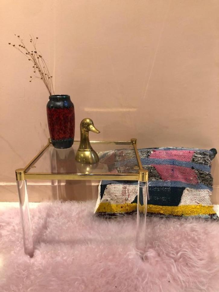 vintage glazen bijzettafel - Hollywood Regency, Huis en Inrichting, Tafels | Bijzettafels, Gebruikt, Vierkant, Minder dan 45 cm