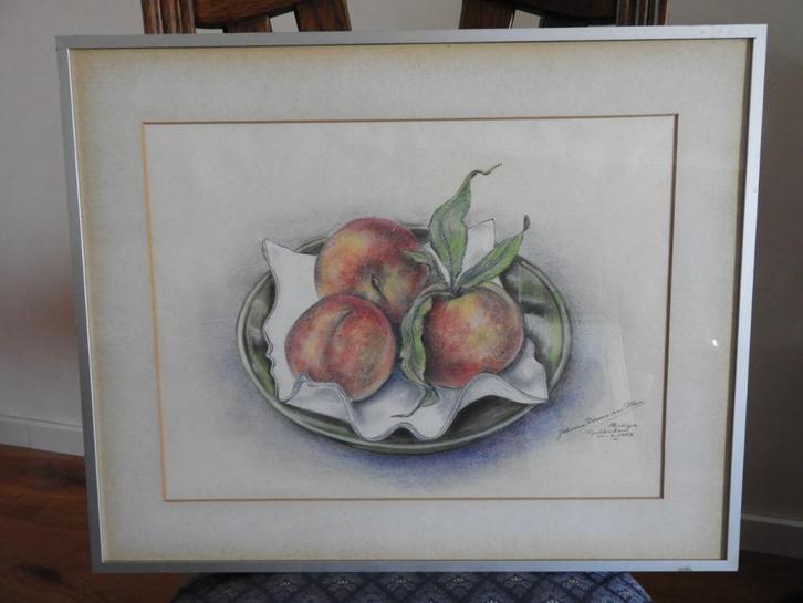 Perziken in schaaltje - Gesigneerd - Johanna Douma-van Wisse, Antiek en Kunst, Kunst | Schilderijen | Klassiek, Ophalen of Verzenden