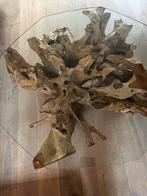 Unieke glazen tafel met houten wortelvoet 120 cm glasplaat, Ophalen, Zo goed als nieuw, Overige vormen, Minder dan 50 cm
