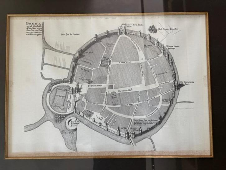 Plattegrond Breda ca. 1330 – Luxe goud/zwart lijst, Antiek en Kunst, Kunst | Etsen en Gravures, Ophalen
