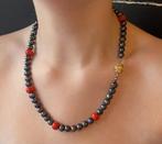 Bloedkoraal grijze parel vintage dames ketting 14k slot goud