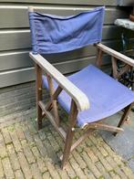 Opklapbare regisseursstoel teakhout 3x, Huis en Inrichting, Stoelen, Gebruikt, Blauw, Ophalen of Verzenden, Eén