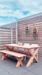 Tuintafel + bank, Tuin en Terras, Picknicktafels, Ophalen, Zo goed als nieuw, Rechthoekig, Hout