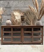 Antiek houten dressoir met oud gebobbeld glas lengte 233 cm, Antiek, Glas, Ophalen of Verzenden, Zo goed als nieuw