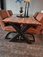 Boomstam Eettafel met 4 stoelen compleet!, Ophalen of Verzenden, Zo goed als nieuw, 4 tot 6 stoelen