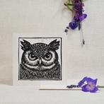 Dubbele wenskaart 15x15 cm. met envelop, uil, linosnede, Ophalen of Verzenden, Nieuw