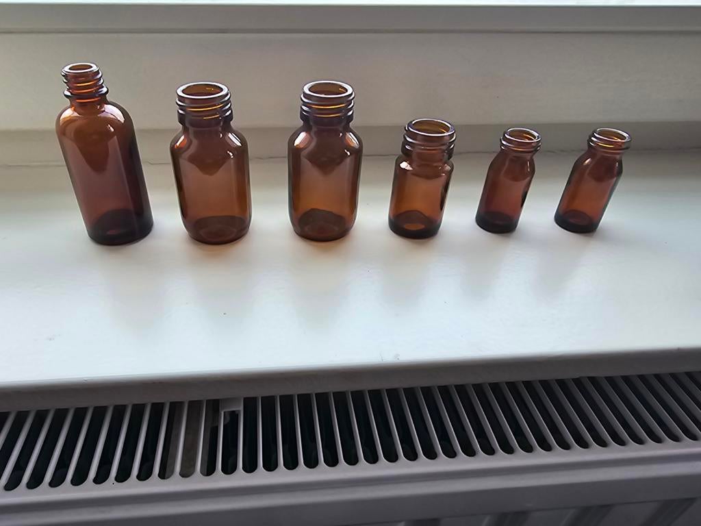 6 stuks bruine flesjes, apothekersflessen zonder dop, Antiek en Kunst, Ophalen of Verzenden
