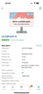 LG Monitor, Computers en Software, Monitoren, Ophalen, Full HD, Zo goed als nieuw, 61 t/m 100 Hz