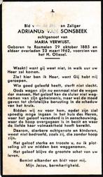 Sonsbeek Adrianus 1885 Rosmalen 1962 Rosmalen, Verzamelen, Bidprentjes en Rouwkaarten, Ophalen of Verzenden, Bidprentje
