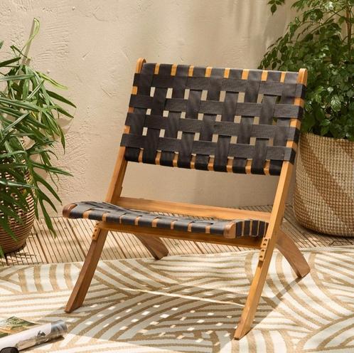 2 tuinstoelen van NOUS Garden, acaciahout met zwarte zitting, Tuin en Terras, Tuinstoelen, Zo goed als nieuw, Hout, Inklapbaar