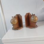 Vintage set houten boekensteunen werldbol globe, Ophalen of Verzenden