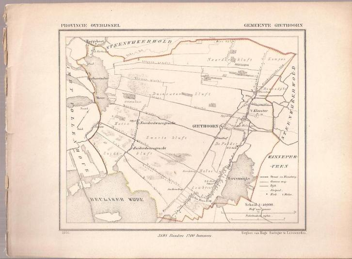 Gemeente Giethoorn, Kuyper kaartje 1866 Overijssel, Antiek en Kunst, Kunst | Etsen en Gravures, Ophalen of Verzenden