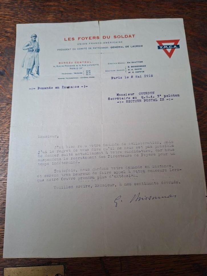 Afwijzing Foyers du Soldat  Persoonlijke Reactie 1918 wo1, Verzamelen, Religie, Gebruikt, Kaart of Prent, Ophalen of Verzenden