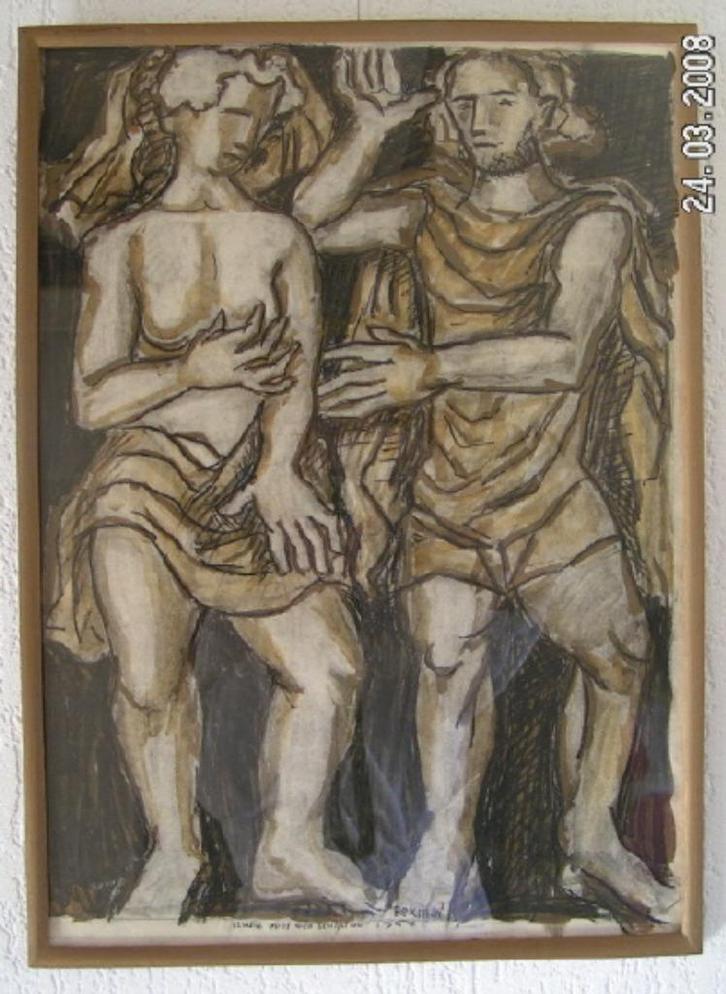 Hubert Bekman Adam en Eva Acryl verf uit 1964 met lijst NHS, Antiek en Kunst, Kunst | Tekeningen en Foto's, Ophalen of Verzenden