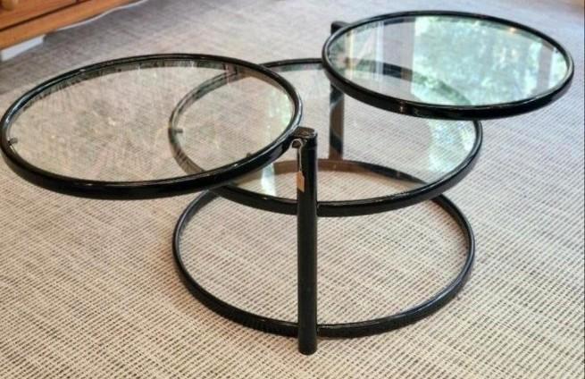 vintage 70s salontafel Swivel zwart metaal/glas, Huis en Inrichting, Tafels | Salontafels, Gebruikt, Minder dan 50 cm, 50 tot 100 cm
