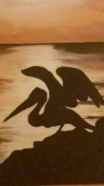 groot Olieverf doek pelikaan silhouet gesigneerd M v T beschikbaar voor biedingen