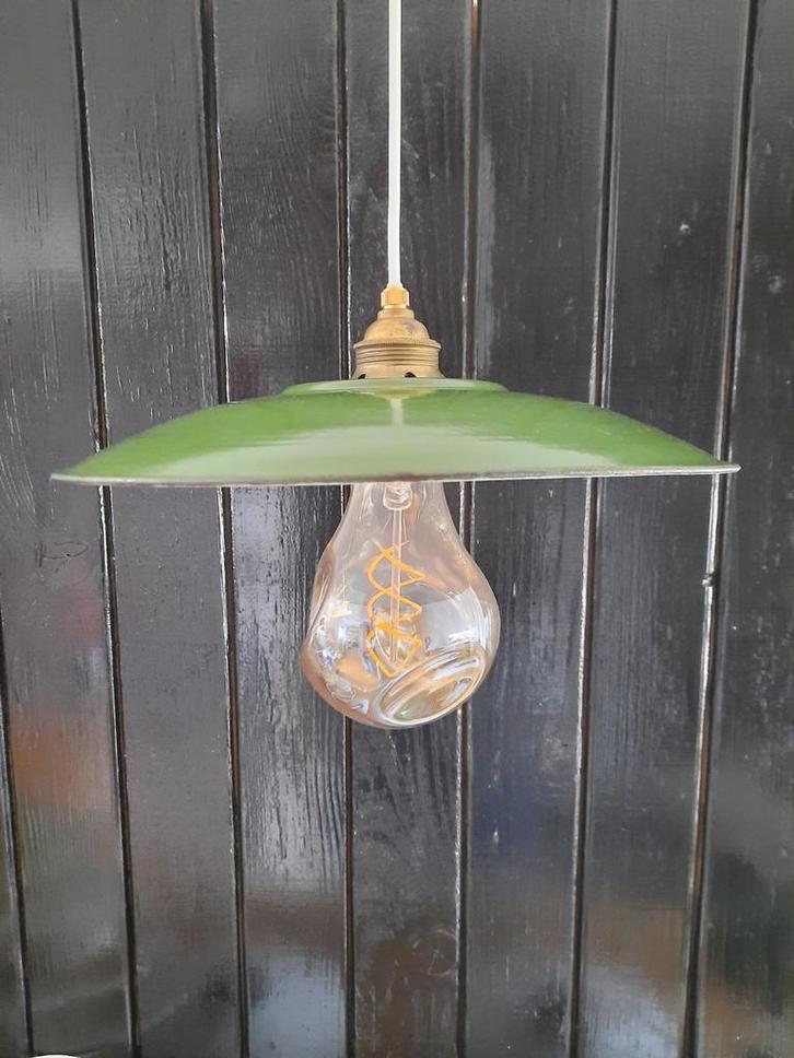 Groene Emaille Hanglamp - Franse Schotel Lamp, Huis en Inrichting, Lampen | Hanglampen, Gebruikt, Minder dan 50 cm, Metaal, Ophalen of Verzenden