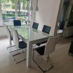 Moderne eettafel met 6 lederenstoelen, Huis en Inrichting, Tafels | Eettafels, Ophalen, Gebruikt, 50 tot 100 cm, Vijf personen of meer