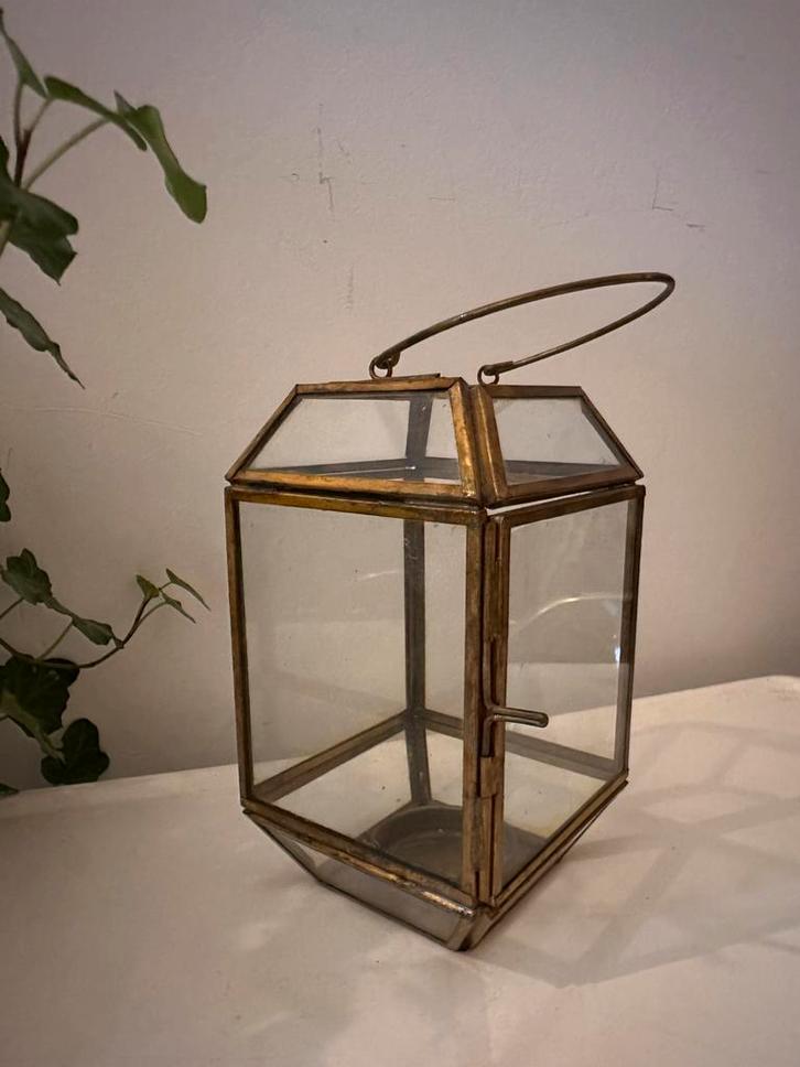 Messing met glazen lantaarn waxinelichtje, Antiek en Kunst, Antiek | Woonaccessoires, Ophalen of Verzenden