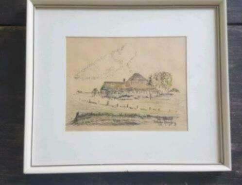 Orig. ingekleurde Tekening Jan Veenendaal Texel boerderij, Antiek en Kunst, Kunst | Tekeningen en Foto's, Ophalen