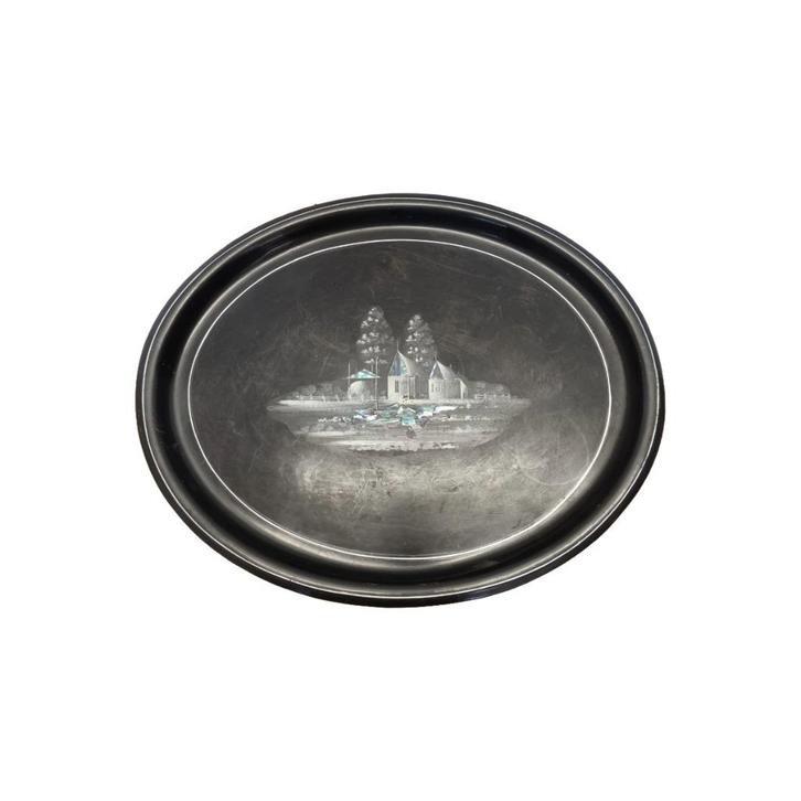 Zwart ovale metalen dienblad met capiz, jaren 70, Huis en Inrichting, Woonaccessoires | Dienbladen, Gebruikt, Metaal, Ovaal, Ophalen of Verzenden