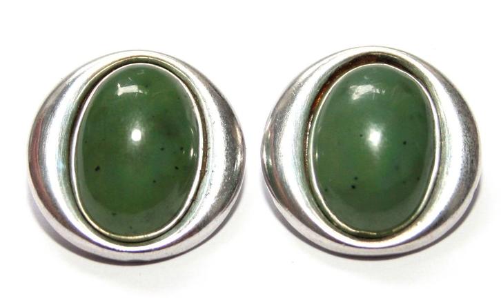 Paar Schitterende Ovaal Jade Zilveren Oorbellen, Sieraden, Tassen en Uiterlijk, Antieke sieraden, Oorbellen, Zilver, Met edelsteen