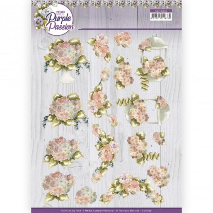 Precious Marieke Purple Passion Pale Hydrangea 3D knipvel A4, Hobby en Vrije tijd, Kaarten | Zelf maken, Nieuw, Knipvel, Natuur