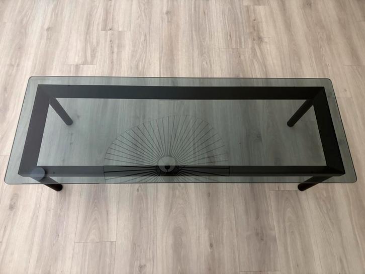 Hay Kofi salontafel zwart gelakt eiken 140x50 grijs glas, Huis en Inrichting, Tafels | Salontafels, Zo goed als nieuw, Minder dan 50 cm