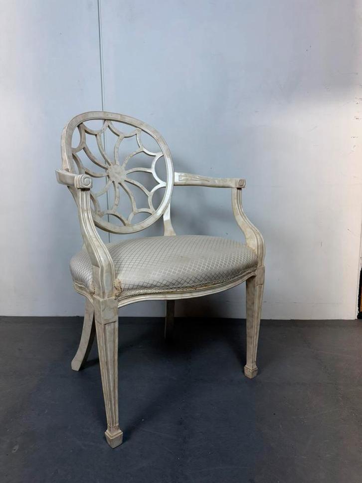 Vintage Spider Web Back Arm Chair - gemarmerd, Huis en Inrichting, Stoelen, Zo goed als nieuw, Eén, Hout, Kunststof, Stof, Wit