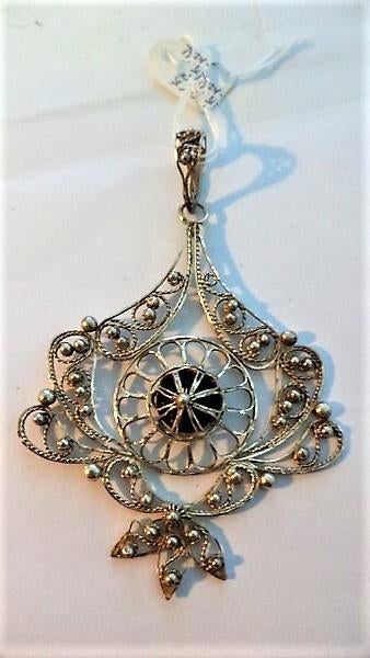 Grote antieke filigrain zilveren hanger met onyx (7924-5292), Sieraden, Tassen en Uiterlijk, Antieke sieraden, Ophalen, Zilver