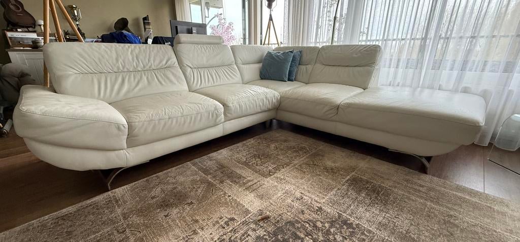 Leren witte hoekbank, Huis en Inrichting, Banken | Complete zithoeken, Gebruikt, Leer, Ophalen of Verzenden