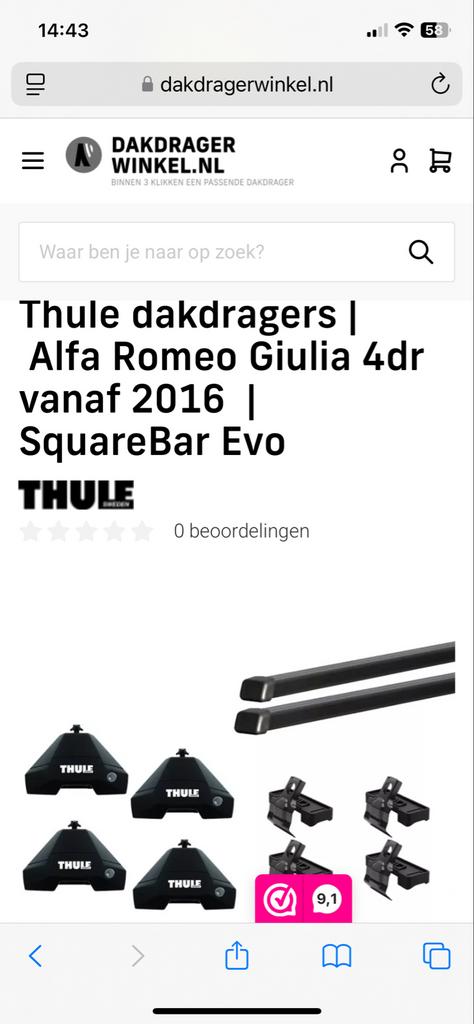 Thule SquareBar Evo dakdragers Alfa Romeo Giulia 4dr, Ophalen of Verzenden, Gebruikt