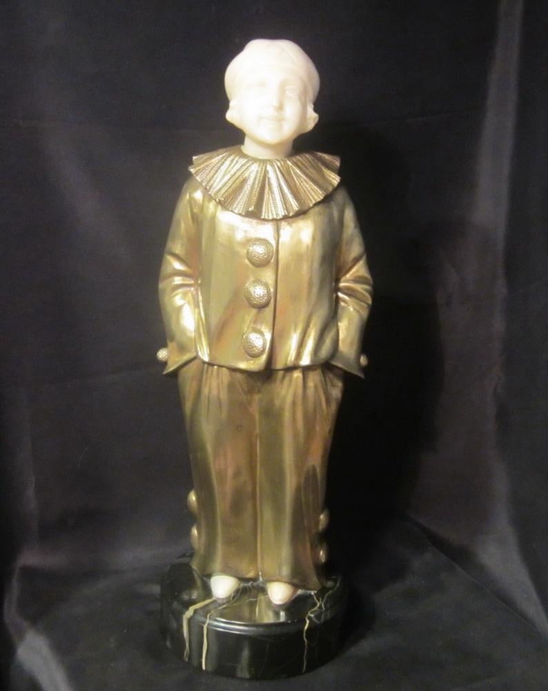 Art deco Pierrot Pierrette A. Trefoloni, bronze & albast, Antiek en Kunst, Verzenden, Brons, Beeld