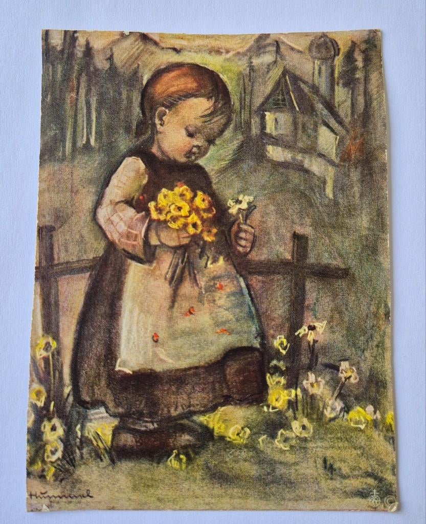 Oude ansichtkaart A.K. Hummel meisje plukt boemen, Verzamelen, Ansichtkaarten | Themakaarten, Ophalen of Verzenden, 1940 tot 1960