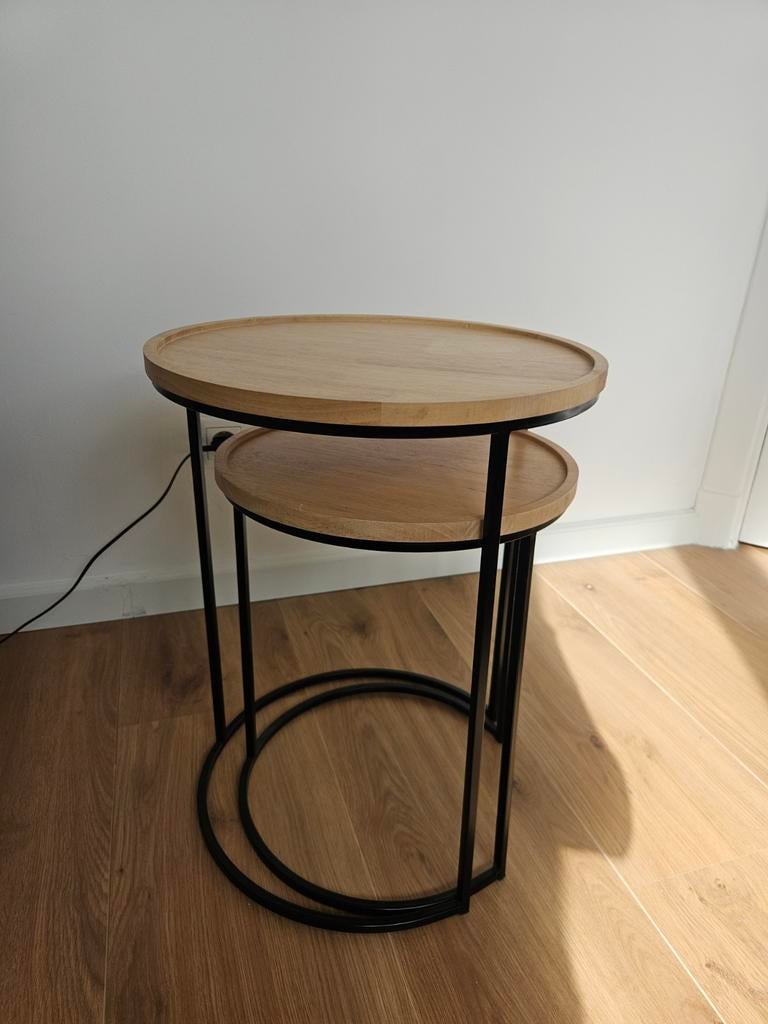 2 industriele bijzettafels, Huis en Inrichting, Tafels | Bijzettafels, Ophalen, Rond, Minder dan 55 cm, 45 tot 60 cm