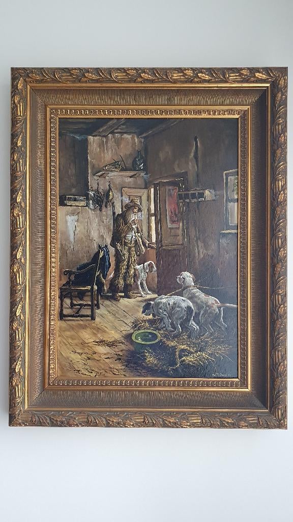 Schilderij "Jachthonden en jager in interieur" SCH06, Antiek en Kunst, Ophalen