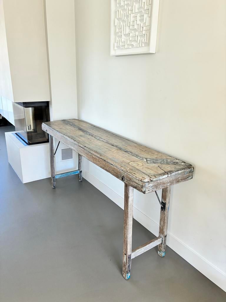 Vintage houten tafel met inklapbare poten uit India, Gebruikt, Ophalen of Verzenden, 75 cm of meer, 60 cm of meer