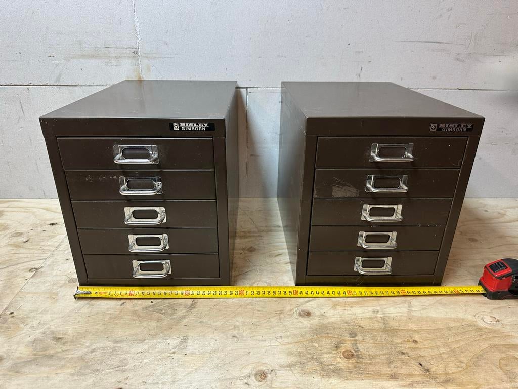 Bisley Ladekastje 2x Vintage Bruin Metaal, Minder dan 50 cm, Gebruikt, 5 laden of meer, Ophalen of Verzenden