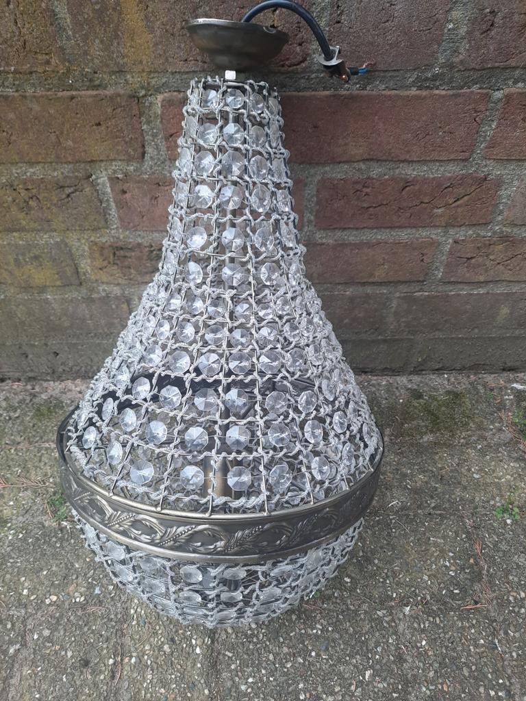 Vintage Hanglamp met Kristallen en Metaal, 50 tot 75 cm, Ophalen of Verzenden, Glas, Gebruikt